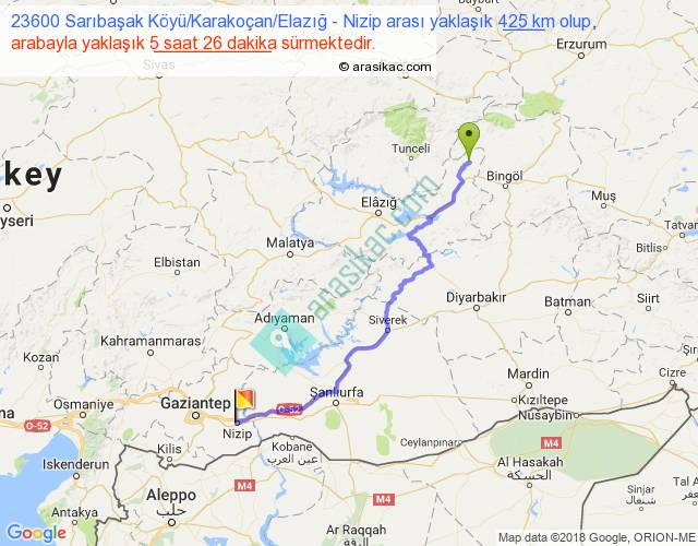 23600 saribasak koyu karakocan elazig nizip arasi kac km saat