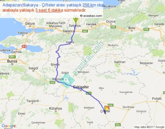 adapazari sakarya cifteler arasi kac km saat