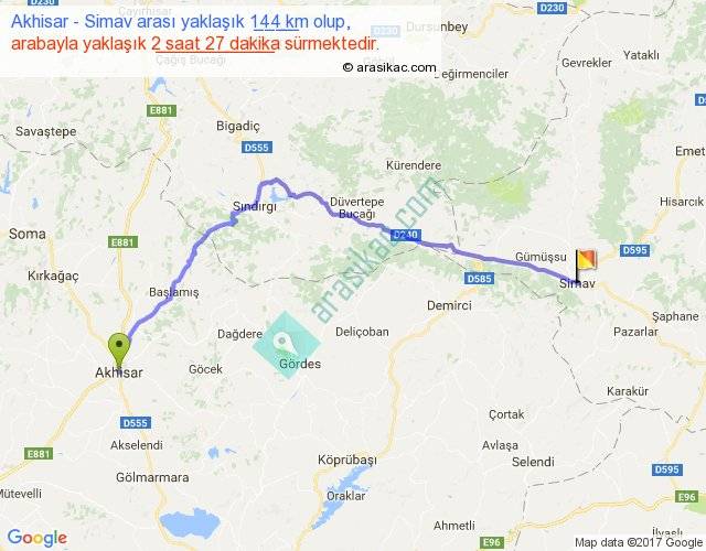 akhisar simav arasi kac km saat