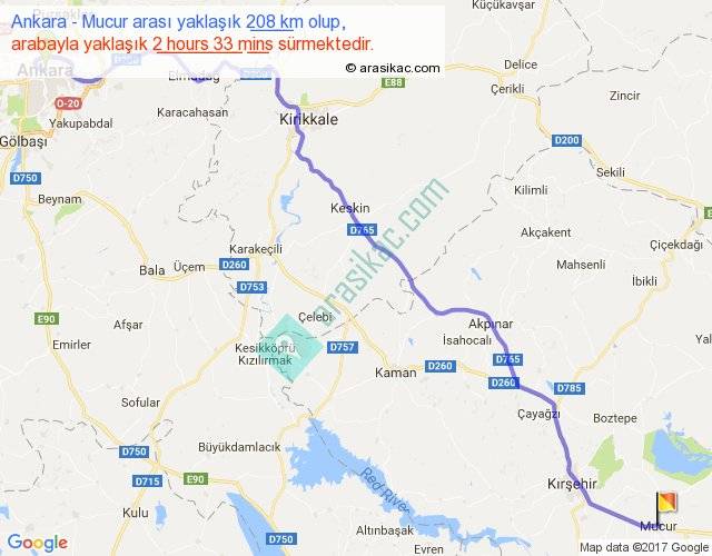 ankara mucur arasi kac km saat