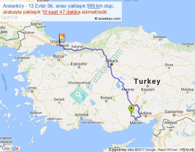 Arslanköy 13 Evler Sk. arası kaç km, saat