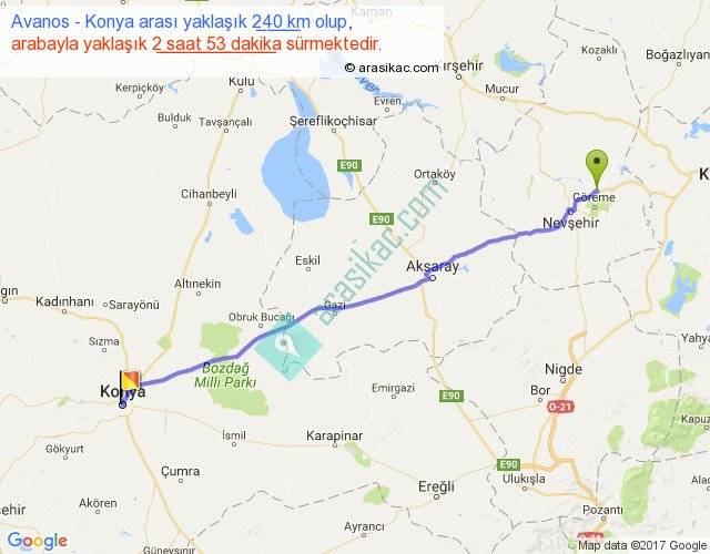 avanos konya arasi kac km saat