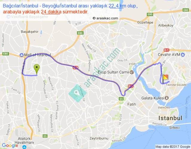 bagcilar istanbul beyoglu istanbul arasi kac km saat