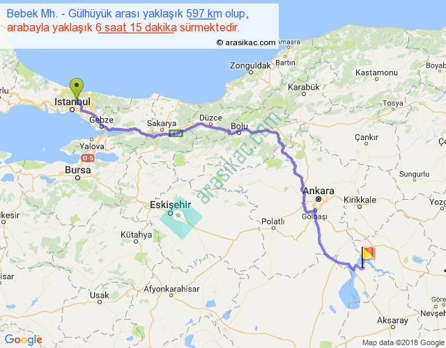Bebek Mh. Gülhüyük arası kaç km, saat