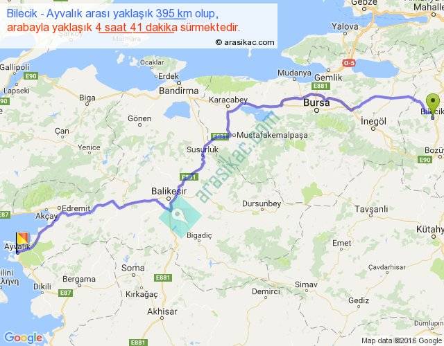 bilecik ayvalik arasi kac km saat