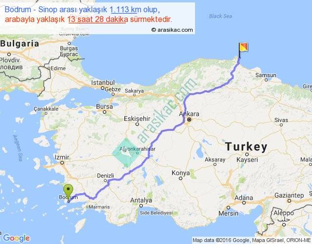 bodrum sinop arasi kac km saat