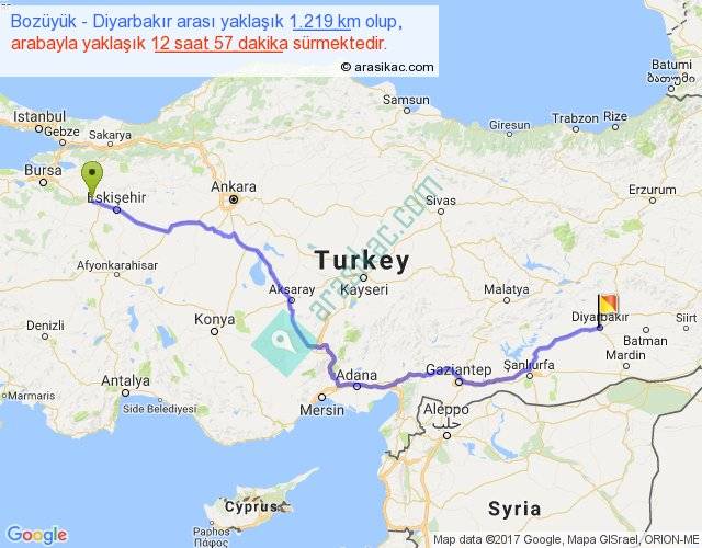 bozuyuk diyarbakir arasi kac km saat