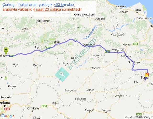 cerkes turhal arasi kac km saat