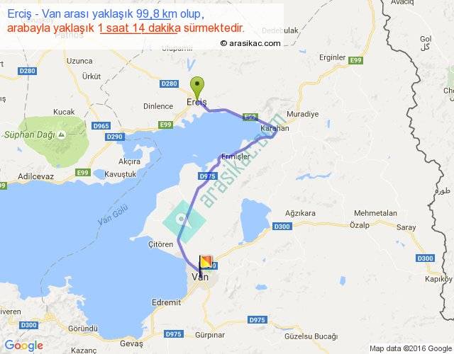 Erciş Van arası kaç km, saat