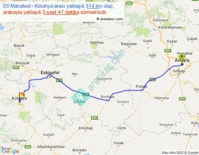 Eti Mahallesi Kütahya arası kaç km, saat