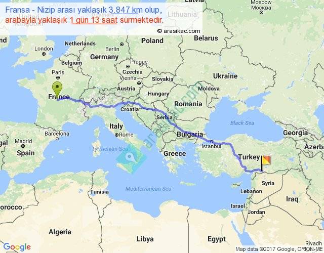 fransa nizip arasi kac km saat