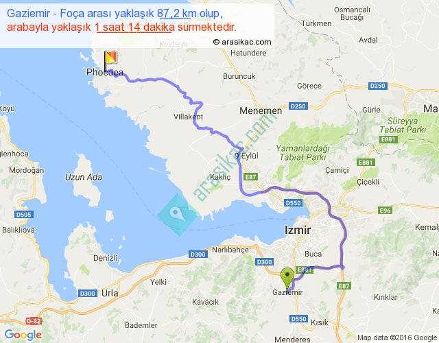 gaziemir foca arasi kac km saat