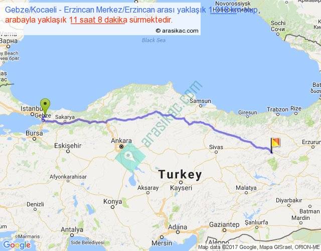 gebze kocaeli erzincan merkez erzincan arasi kac km saat