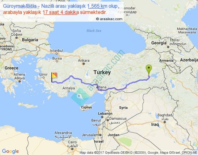 Güroymak Bitlis Nazilli arası kaç km, saat