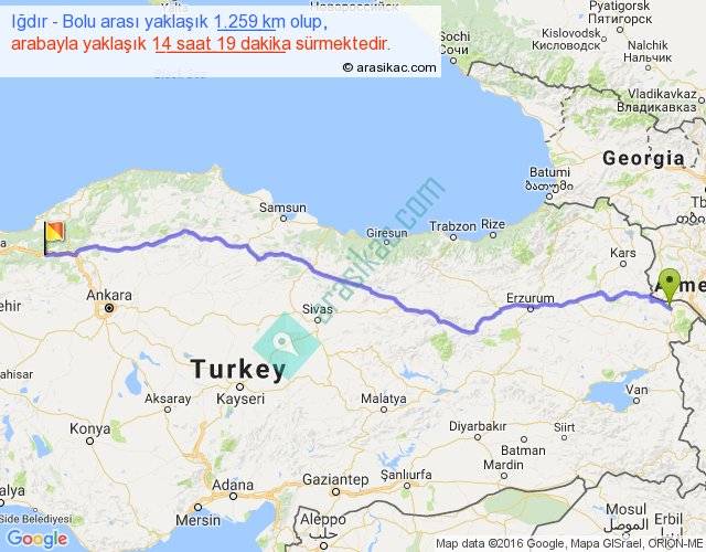 igdir bolu arasi kac km saat