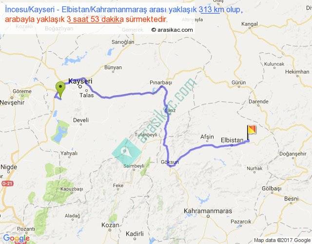 İncesu Kayseri Elbistan Kahramanmaraş arası kaç km, saat İncesu Kayseri Elbistan Kahramanmaraş arası kaç km, saat