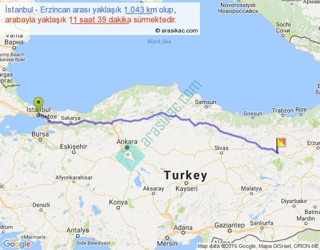 istanbul erzincan arasi kac km saat