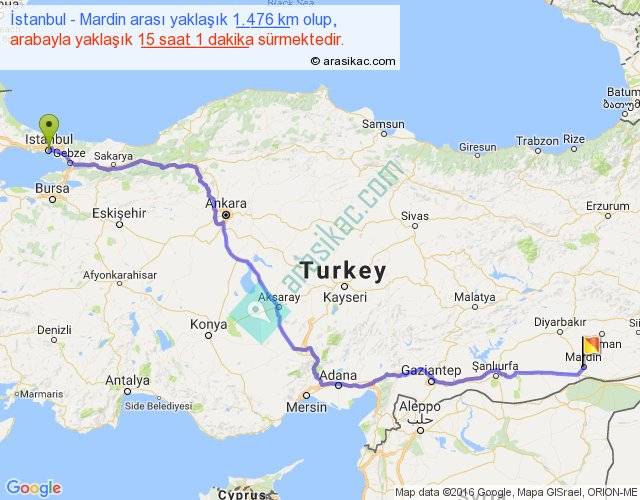 istanbul mardin kaç km