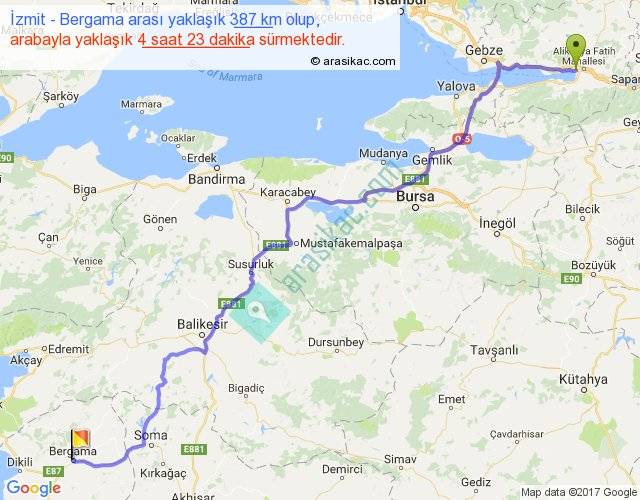 izmit bergama arasi kac km saat