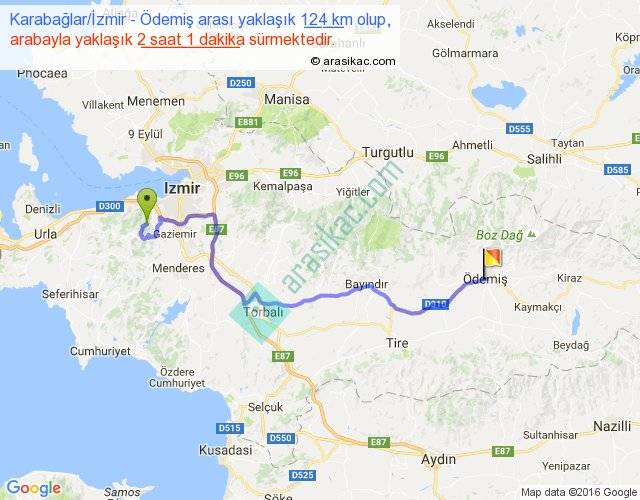 karabaglar izmir odemis arasi kac km saat