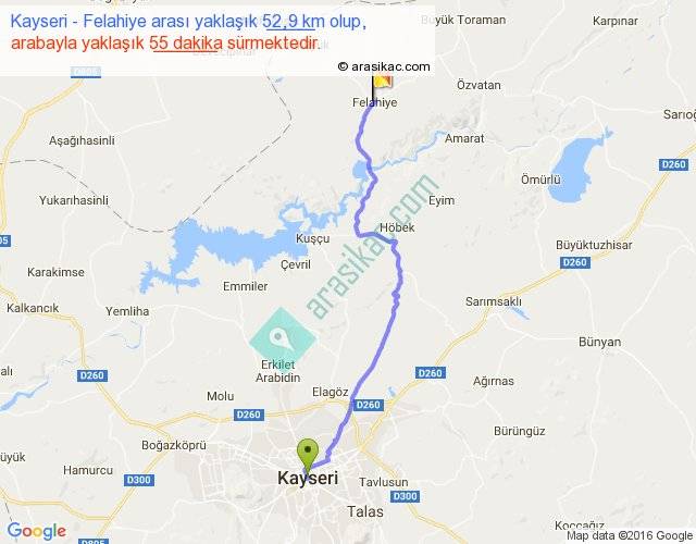 kayseri felahiye arasi kac km saat
