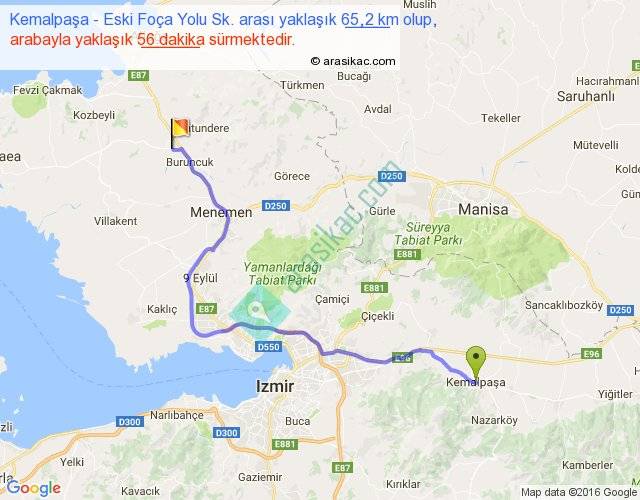 kemalpasa eski foca yolu sk arasi kac km saat