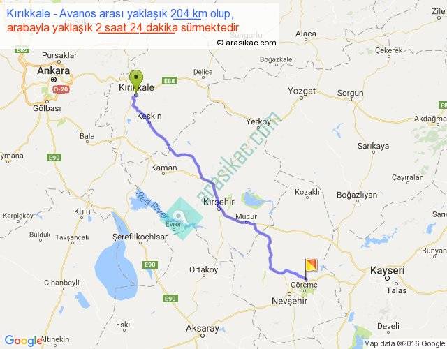 kirikkale avanos arasi kac km saat