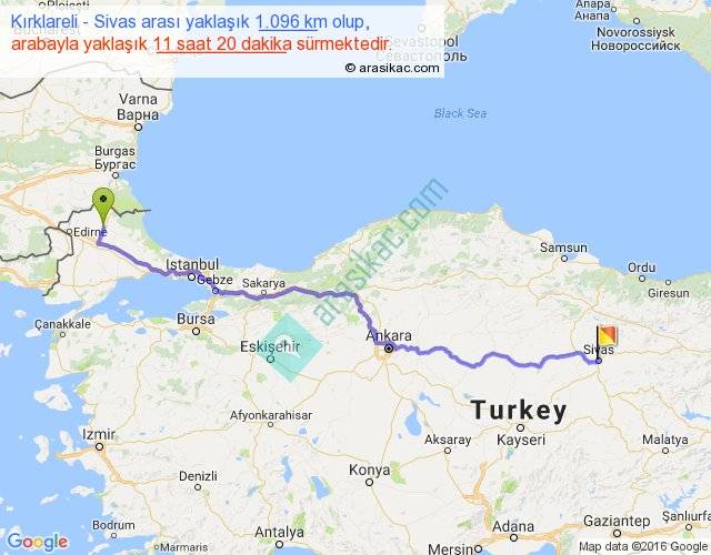 kirklareli sivas arasi kac km saat