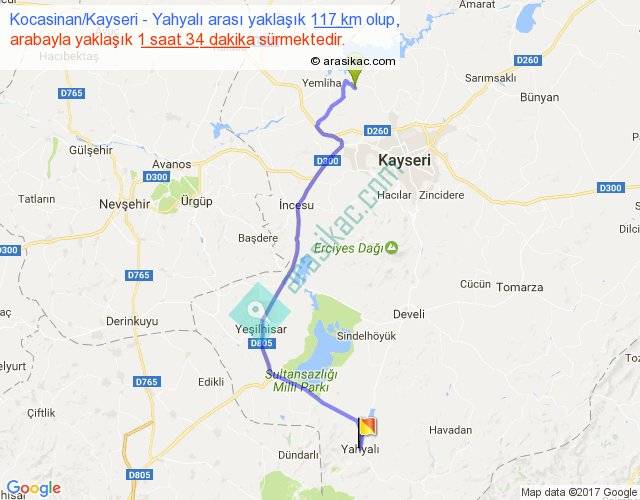 kocasinan kayseri yahyali arasi kac km saat
