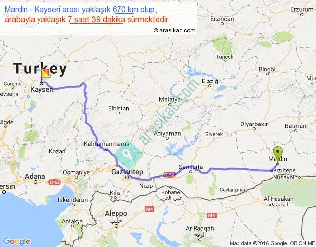 mardin kayseri arasi kac km saat
