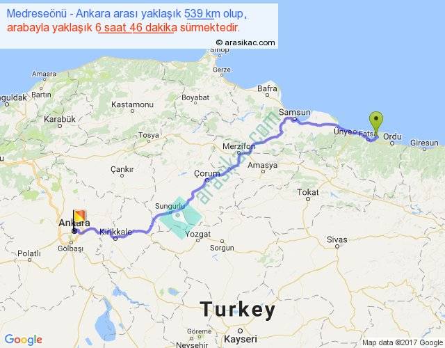 Medreseönü Ankara arası kaç km, saat