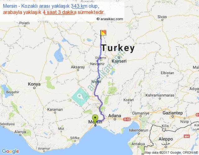 mersin kozakli arasi kac km saat