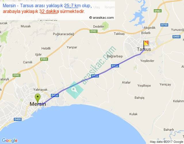 Mersin Tarsus arası kaç km saat, haritası