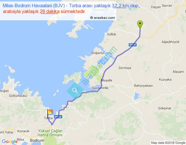Milas-Bodrum Havaalani (BJV) Torba arası kaç km saat, haritası