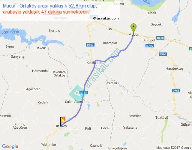 mucur ortakoy arasi kac km saat