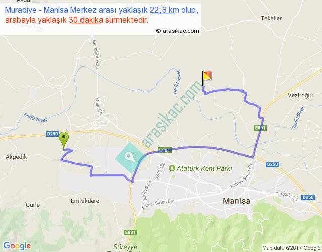 Muradiye Manisa Merkez arası kaç km saat, haritası