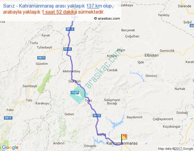 sariz kahramanmaras arasi kac km saat