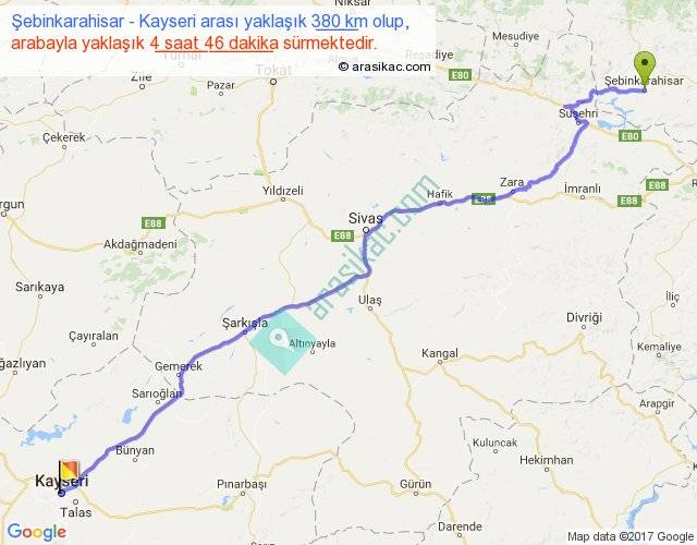 sebinkarahisar kayseri arasi kac km saat