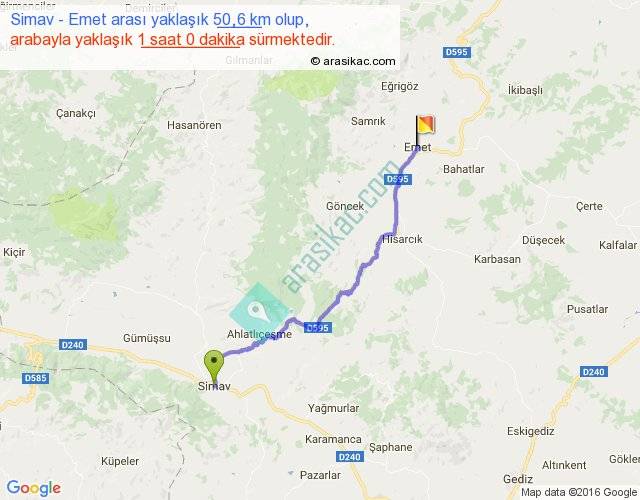 simav emet arasi kac km saat