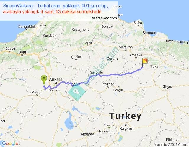 sincan ankara turhal arasi kac km saat