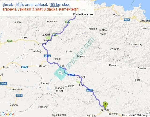 Şırnak Bitlis arası kaç km, saat