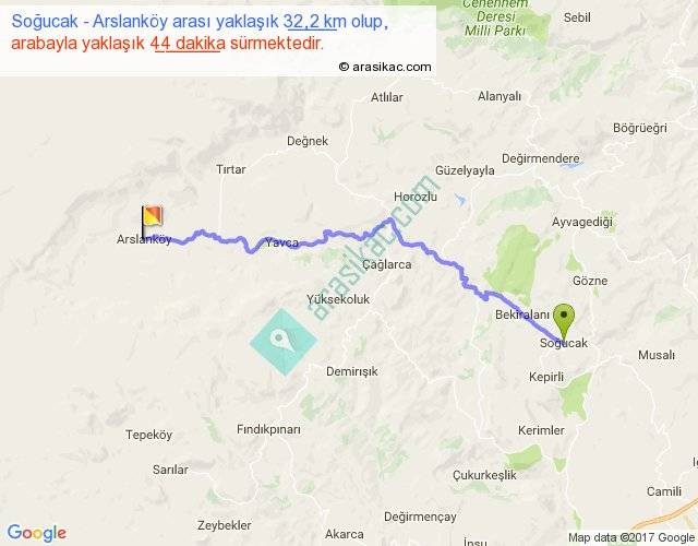 Soğucak Arslanköy arası kaç km, saat