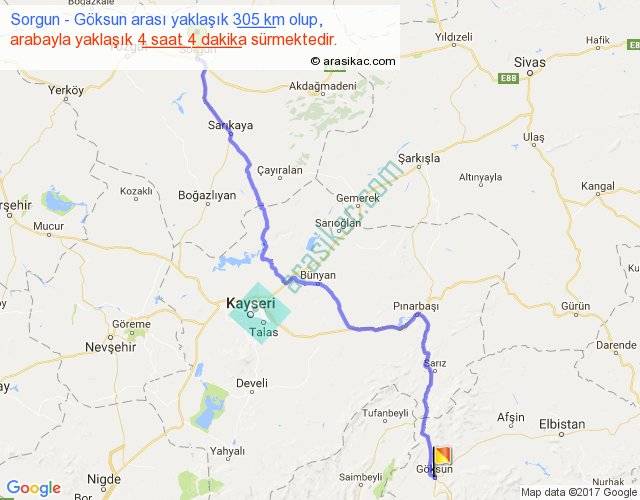 sorgun goksun arasi kac km saat