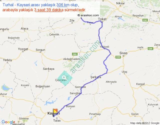 turhal kayseri arasi kac km saat