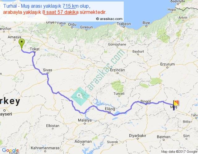 turhal mus arasi kac km saat